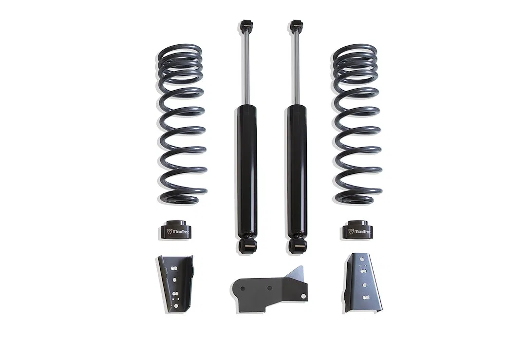 902445 – MAXTRAC Coil Spring, 4-1/2 Inch Front Lift Powder Coated Grey Set Of 2 With Track Bar Bracket/ Stabilizer Ba...